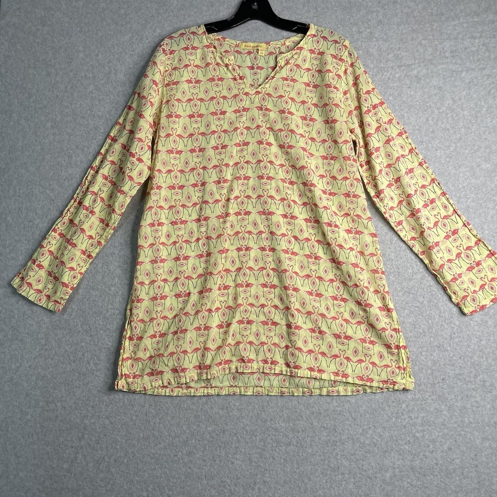 Fresh‎ Produce Top Womens M/L  Yellow Pink Flamingo Pullover Cotton